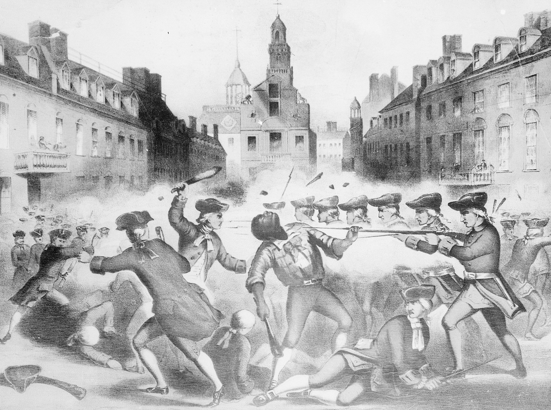 Illustration of the Boston Massacre. The English are depicted as brutishly slaughtering the Americans. 