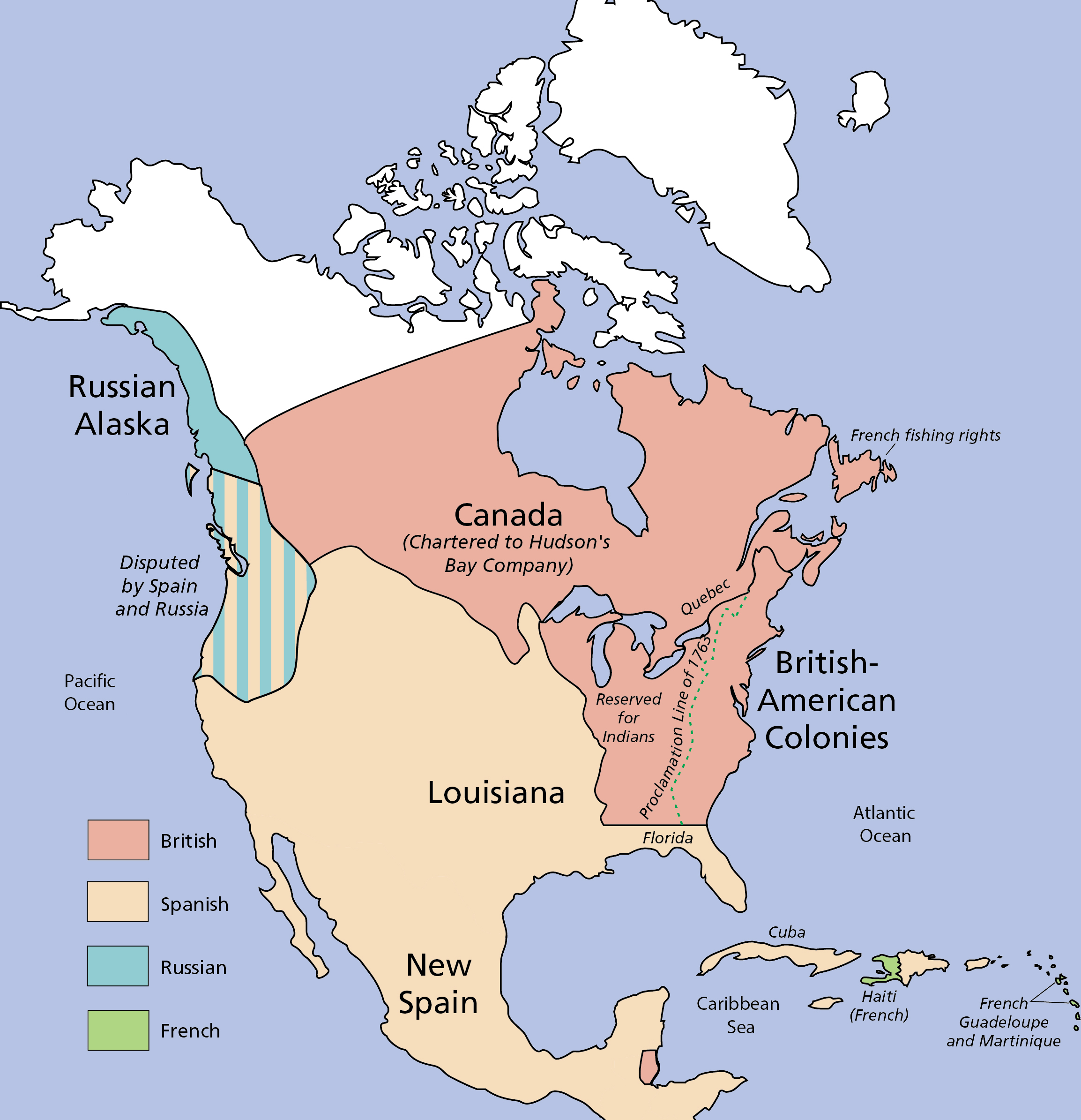 Map showing Russian, Spanish, British, and French claims to North America. 