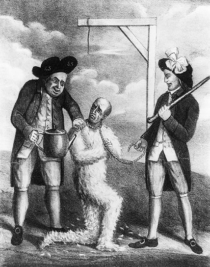 This 1774 print depicts colonists in Boston tarring and feathering a tax collector.