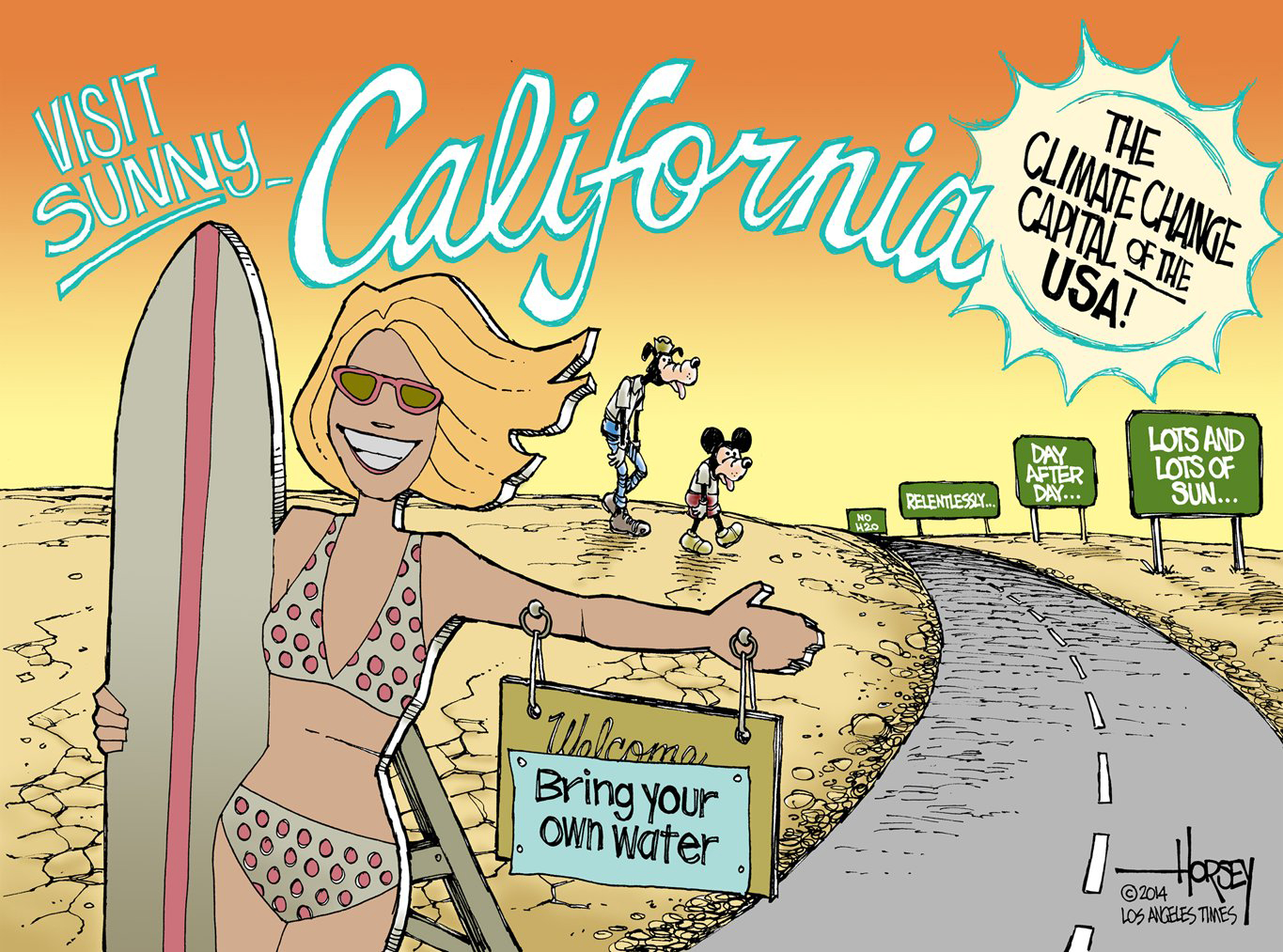 Cartoon that says 'Visit Sunny California, the Climate change capital of the USA' and shows a road in the desert.