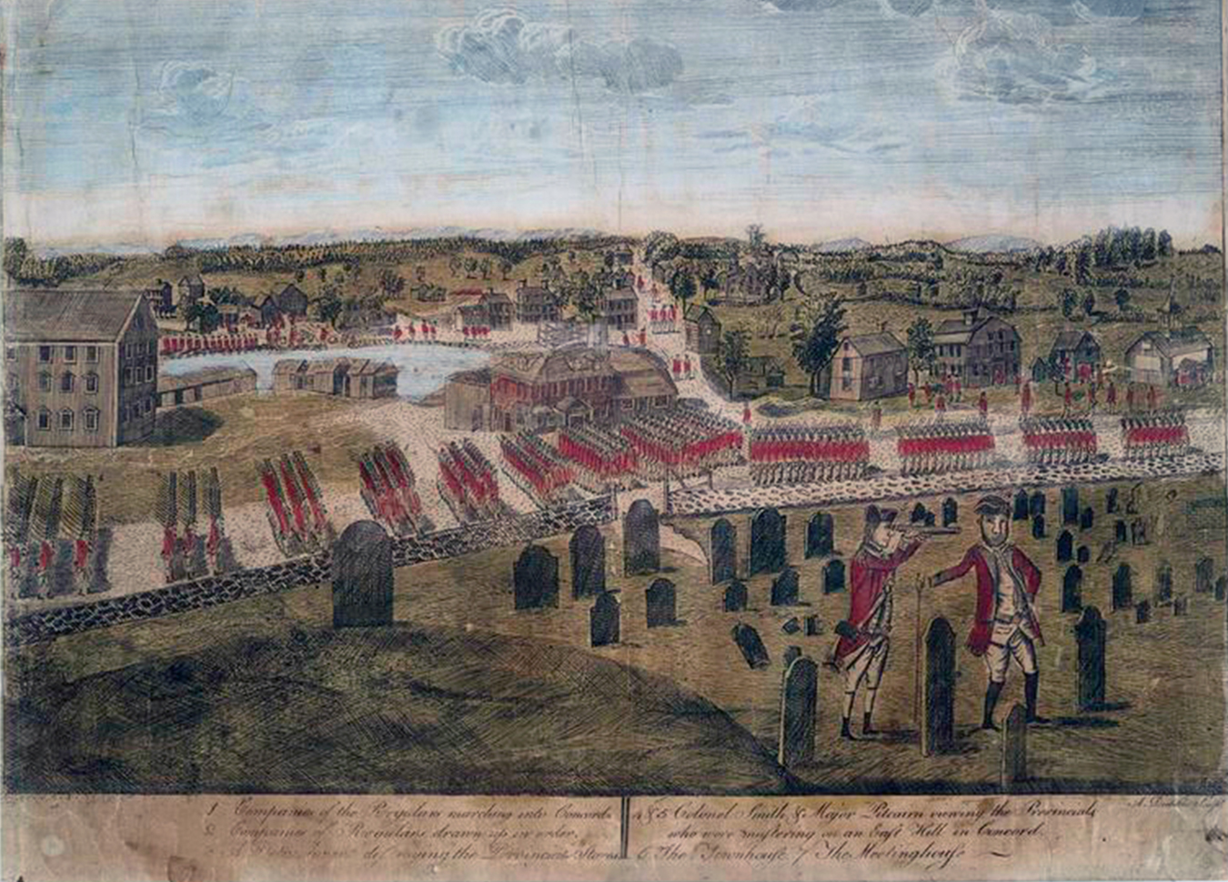 Engraving depicting the britidh marching through Concord. 