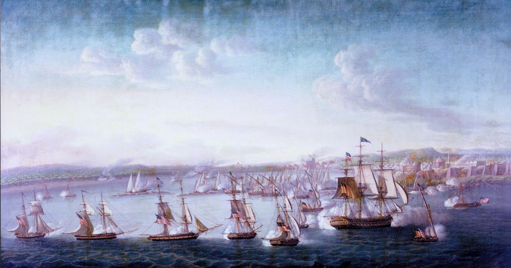 Painting of several warships attacking a coastline.