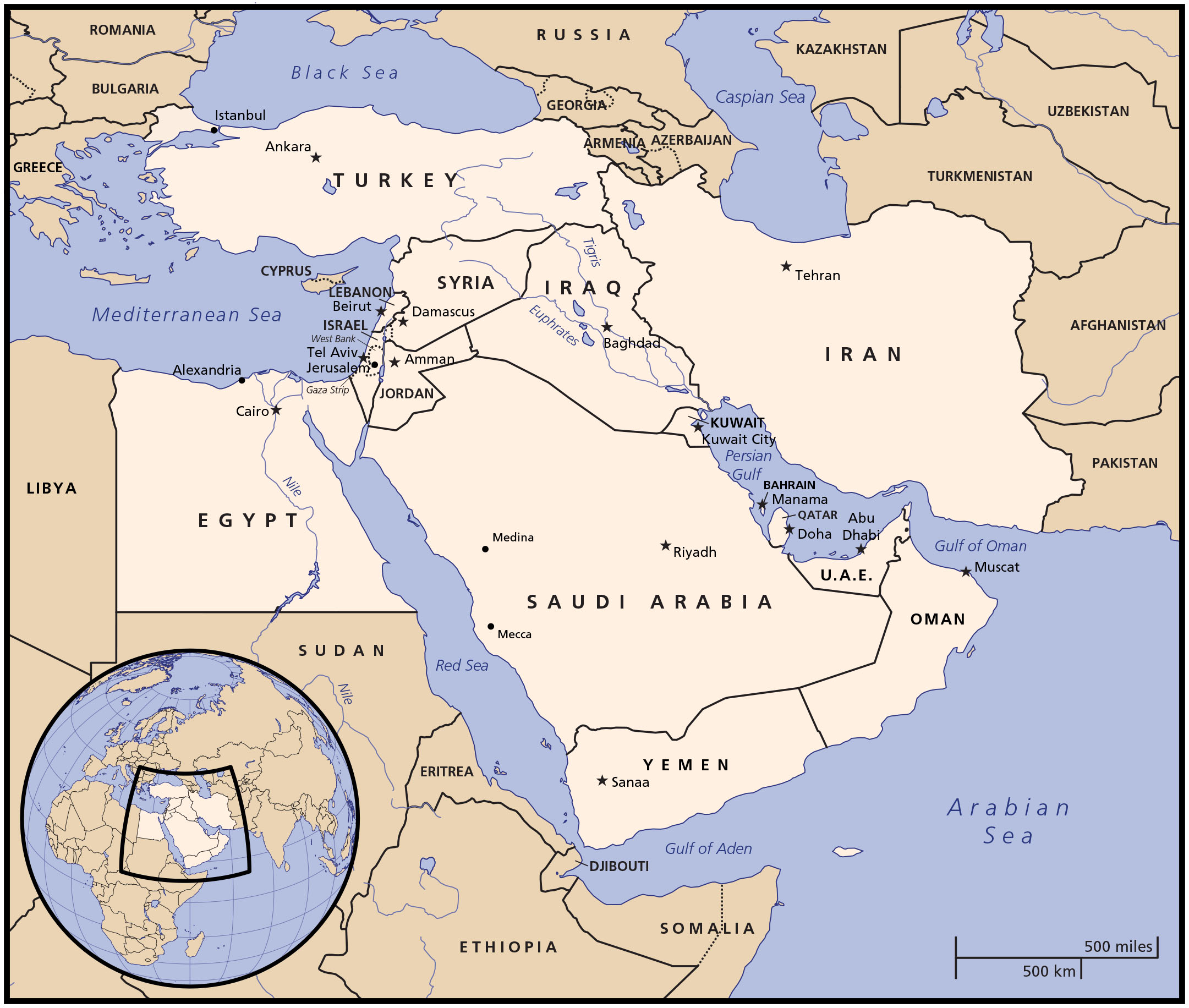 Political map of the Middle East, highlighting Egypt, Saudi Arabia, Yemen, Oman, U.A.E., Qatar, Bahrain, Kuwait, Jordan, Israel/Palestine, Lebanon, Syria, Iraq, Iran, and Turkey.