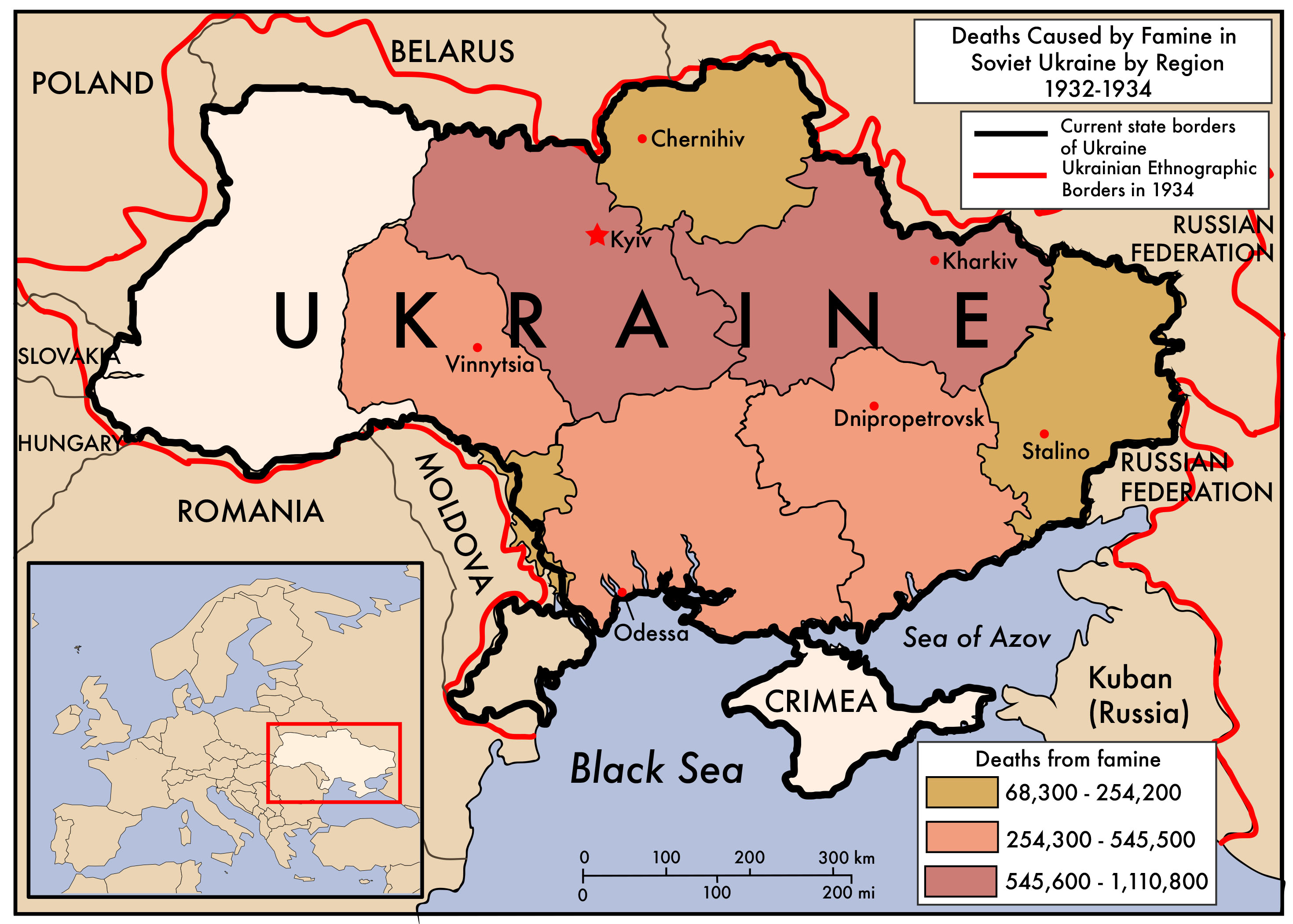 Map of Ukraine showing death totals by region. The famine caused the most deaths in northern central Ukraine. 