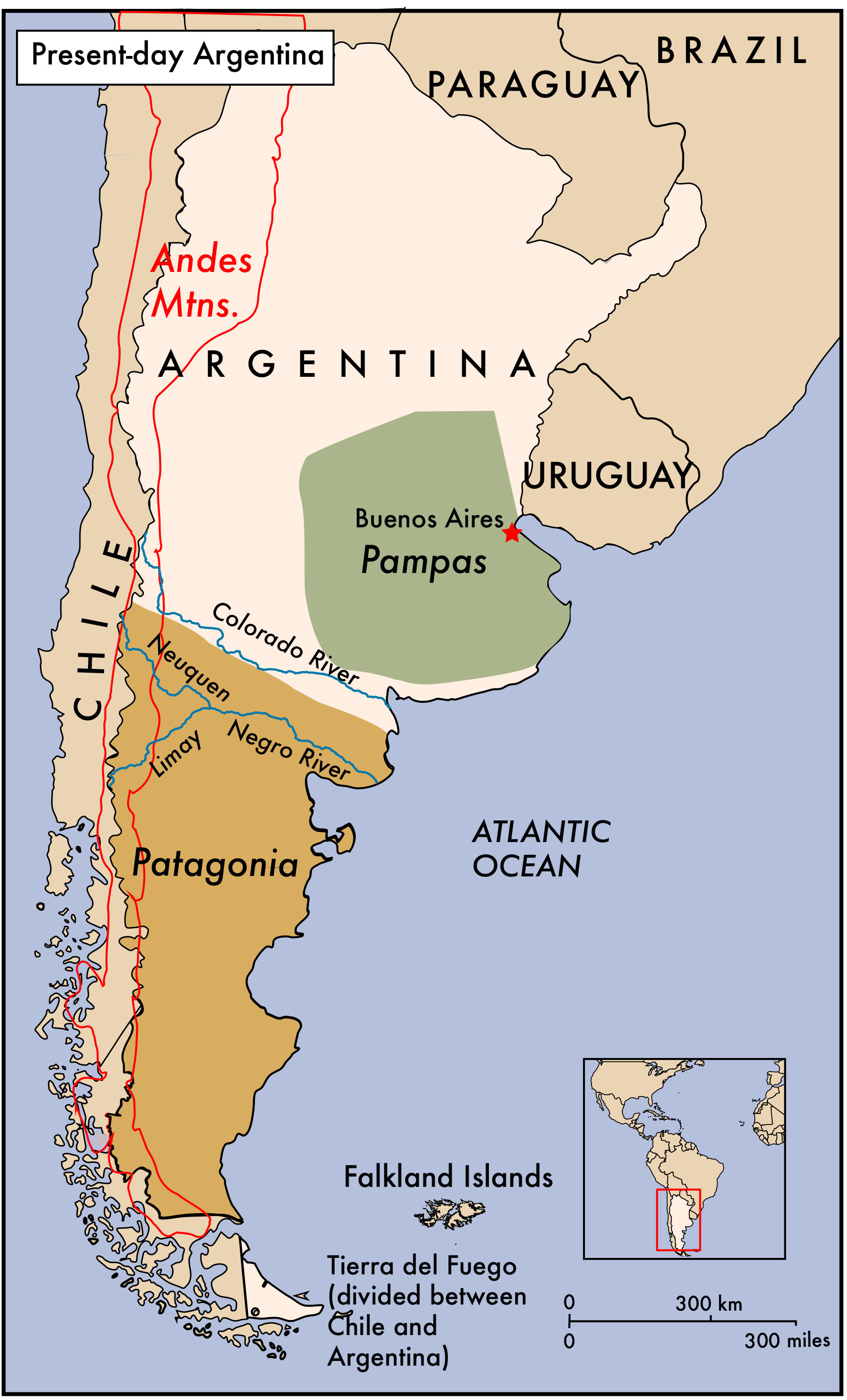 Map of Argentina showing the region of Patagonia in the southern half and the Pampas region around Buenos Aires.