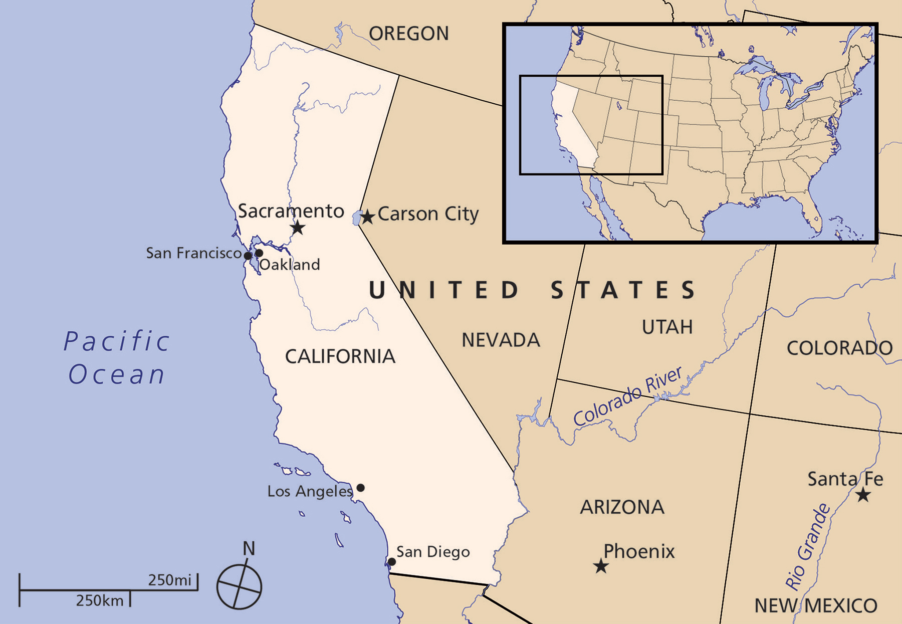 Map of California and its major cities. Inset map of California's location in the United States.