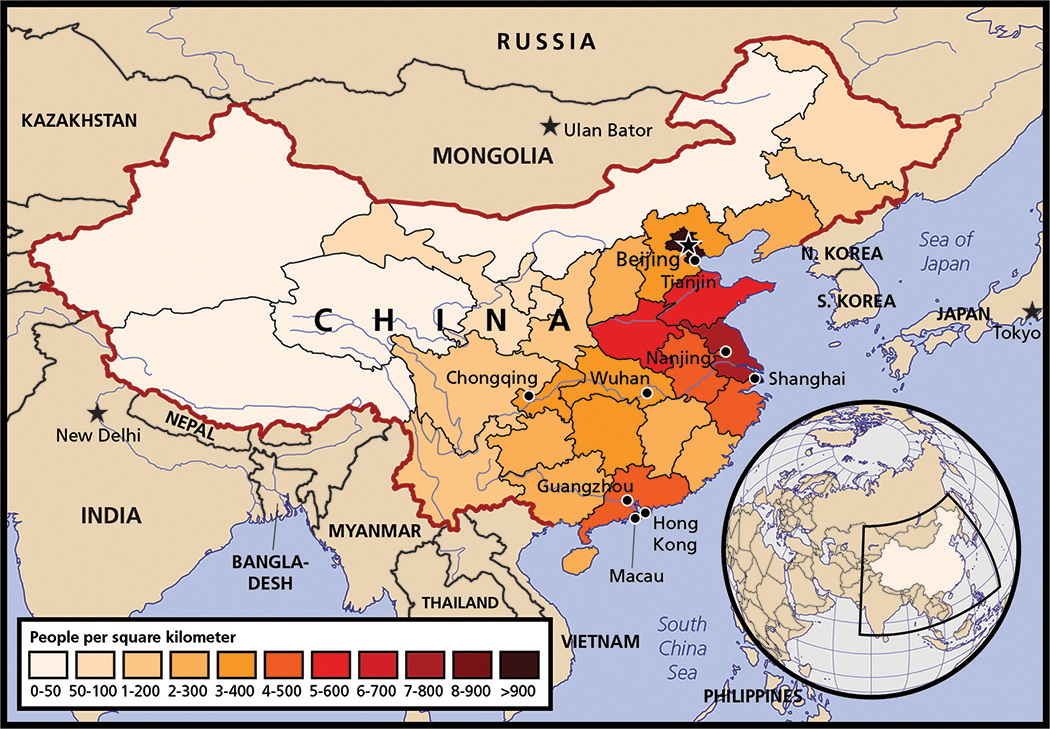 Map of China, colored by population density. Parts of eastern China have more than 800 people per square kilometer.