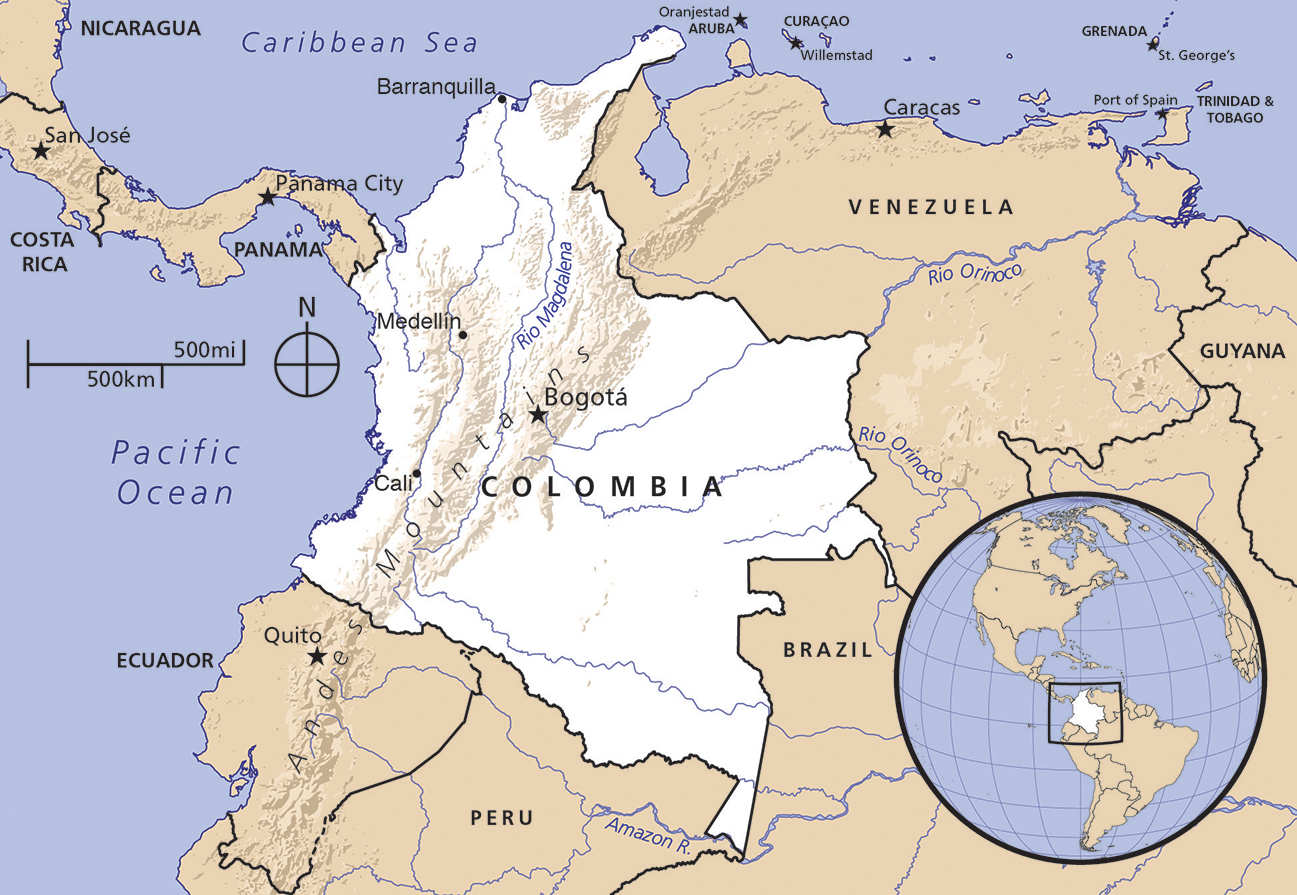 Map of Colombia shows several rivers and the Andres Mountains. Inset map shows Columbia at the northernmost tip of South America.