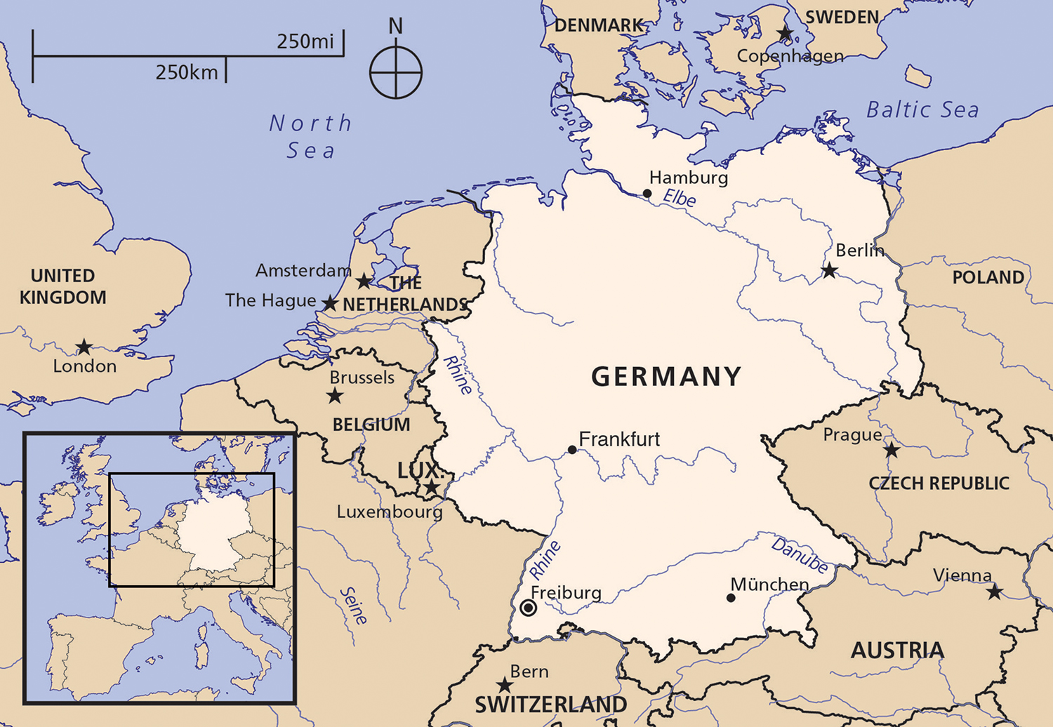 Map of Germany, including its major rivers and cities. Inset map of Europe.