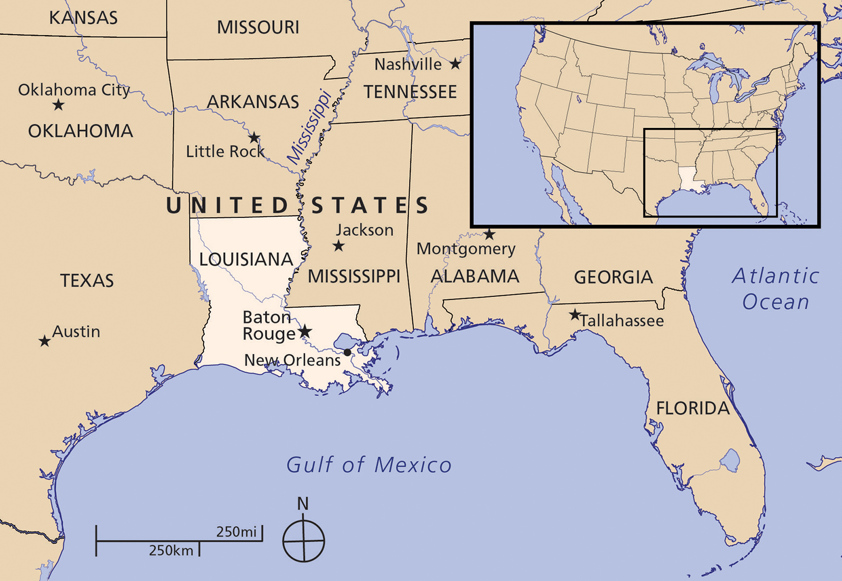 Map of Louisiana and an inset map of Louisiana in the United States.