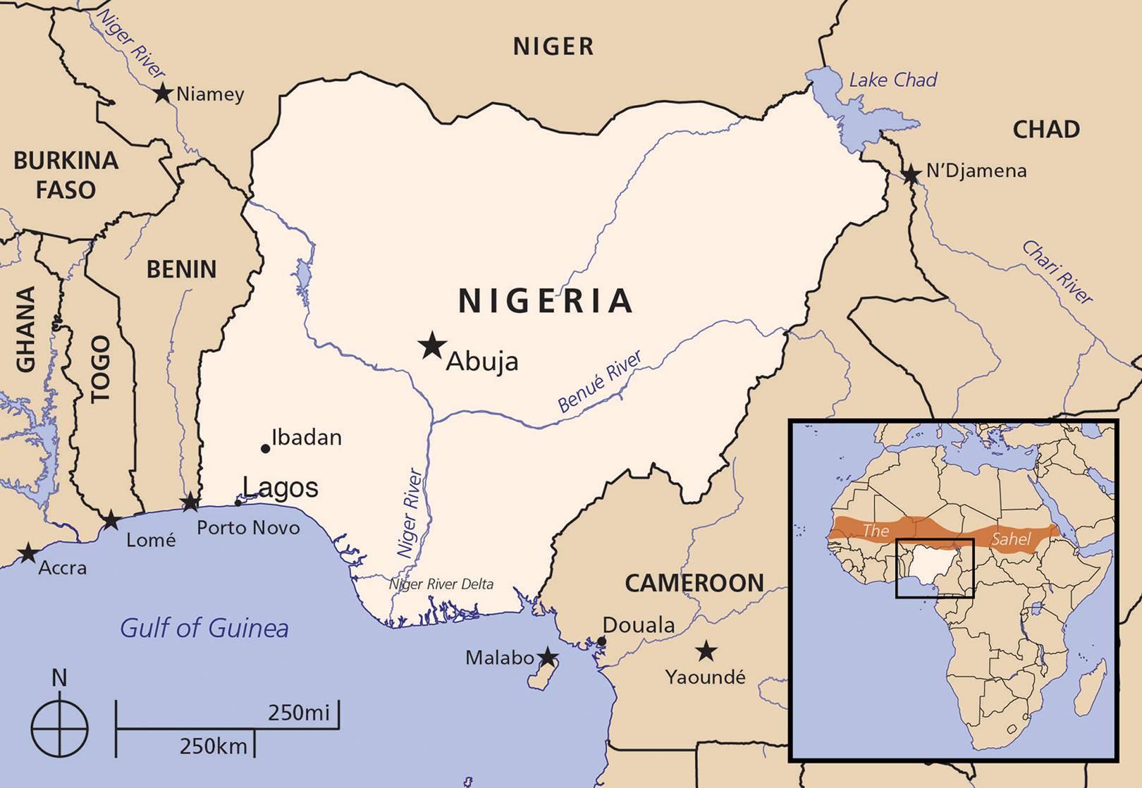 Map of Nigeria. Inset map of Nigeria's location in Africa, south of the Sahel desert.