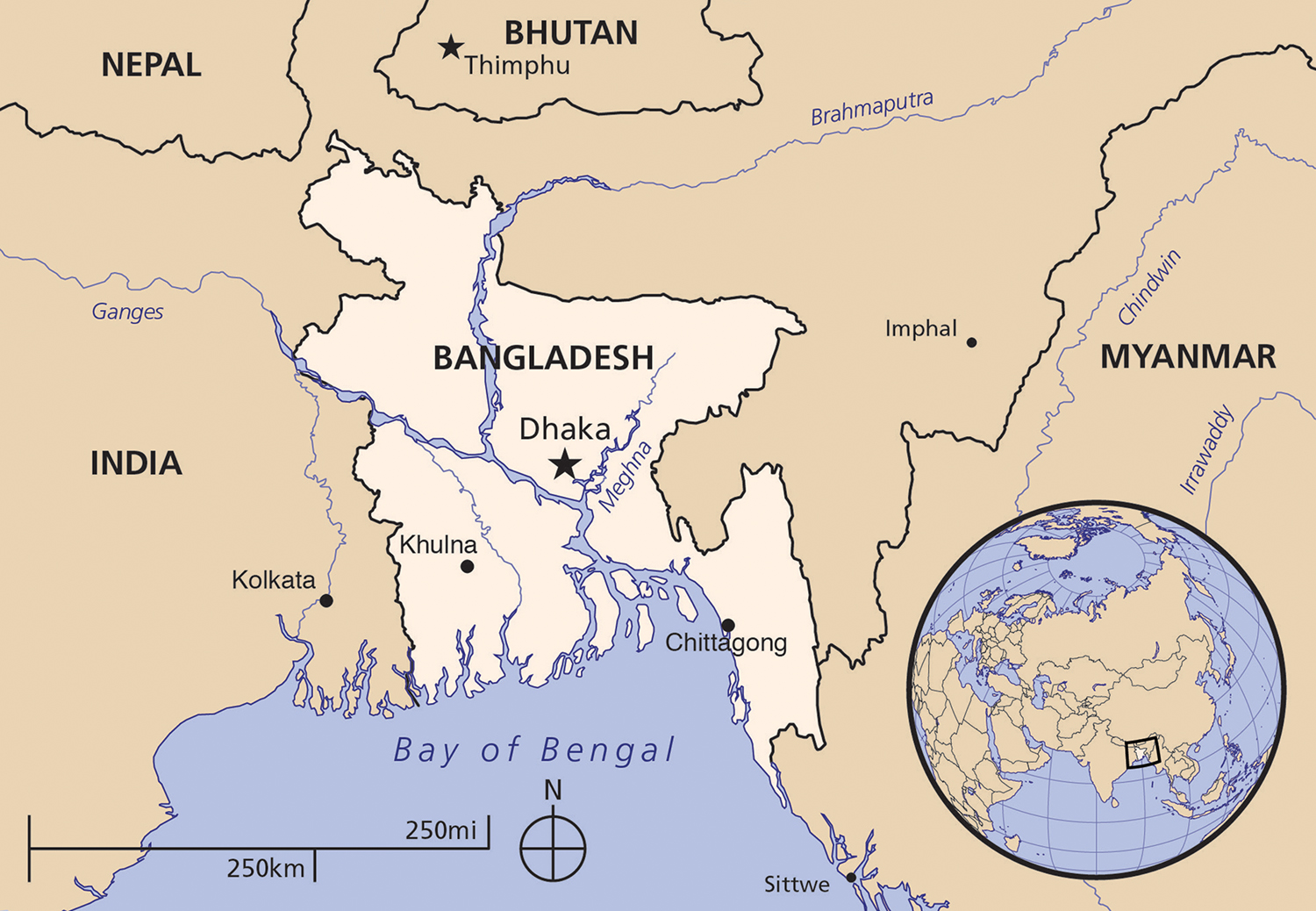 Map of Bangladesh and an inset map of its location to the East of India.